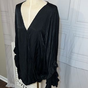 Black High Low Cross Front Flare Sleeve Dressy Top